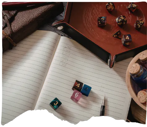 An open notebook with notes, colorful dice, a pen, and small bottles, creating a cozy gaming setup.