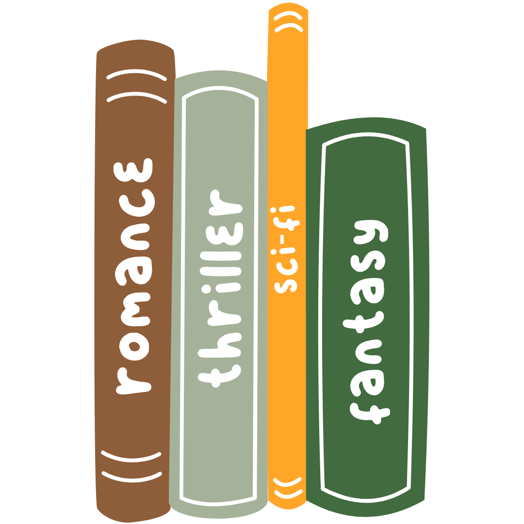 Four book spines labeled: romance, thriller, sci-fi, fantasy.