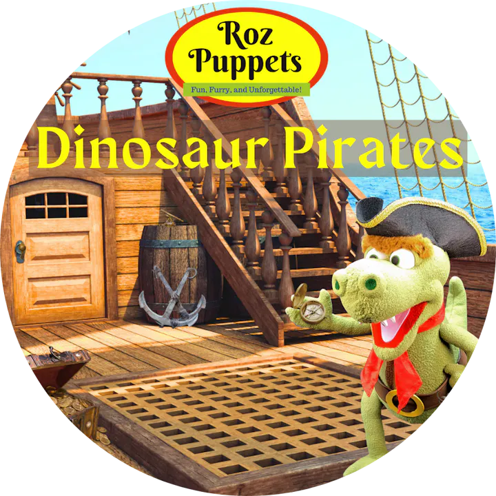 A playful green dinosaur pirate character on a ship's deck, promoting "Dinosaur Pirates" by Roz Puppets.