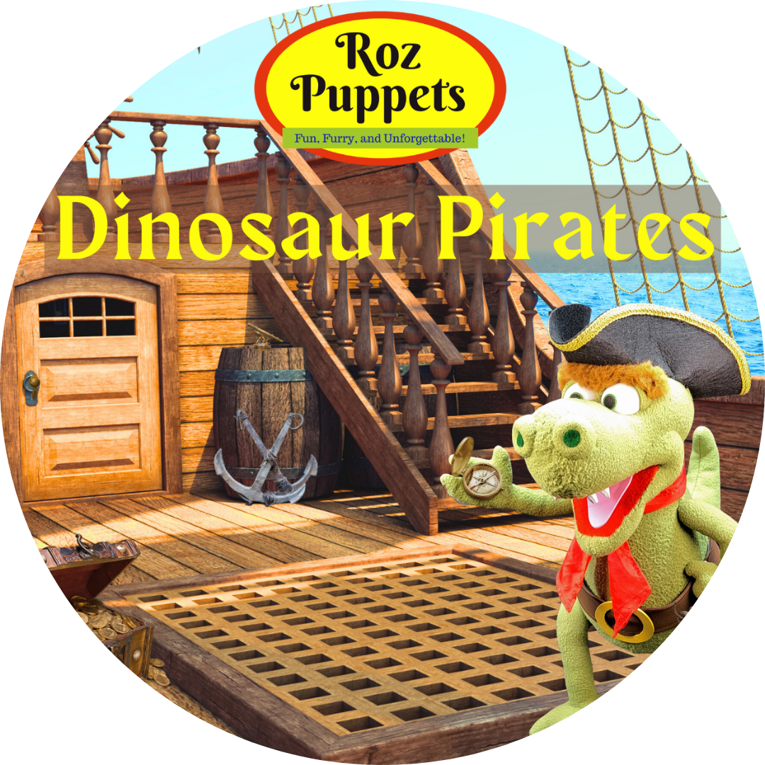 A playful green dinosaur pirate character on a ship's deck, promoting "Dinosaur Pirates" by Roz Puppets.