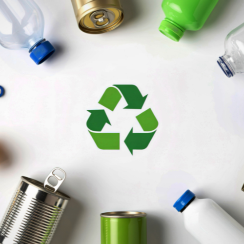 The image features various recyclable containers around a green recycling symbol.