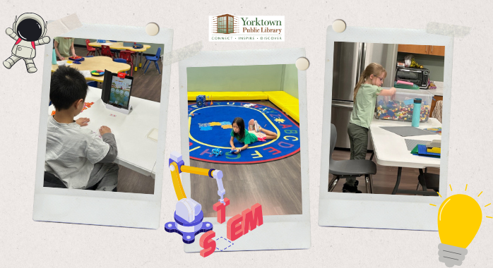 Three images in a collage showing kids engaged in STEM activities at a library.
