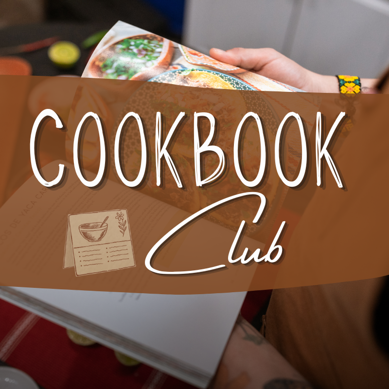 An image featuring a person holding a cookbook with the text "Cookbook Club" overlayed, suggesting a cooking or recipe gathering.