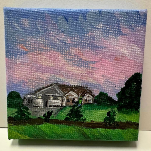 A painting of a house with a vibrant sunset sky and greenery in the foreground.