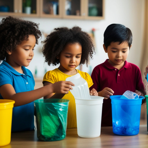 Children are sorting recyclables into color-coded bins in a bright and cheerful room, promoting recycling awareness.
