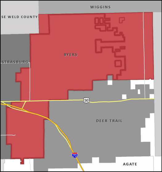 A map with red and gray areas, showing roads I-70 and 36, and place names like Byers, Deer Trail, Agate.