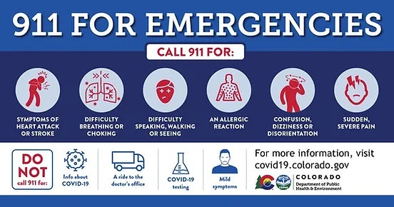 Emergency guidelines showing when to call 911, including for heart attack, stroke, difficulty breathing, and severe pain.