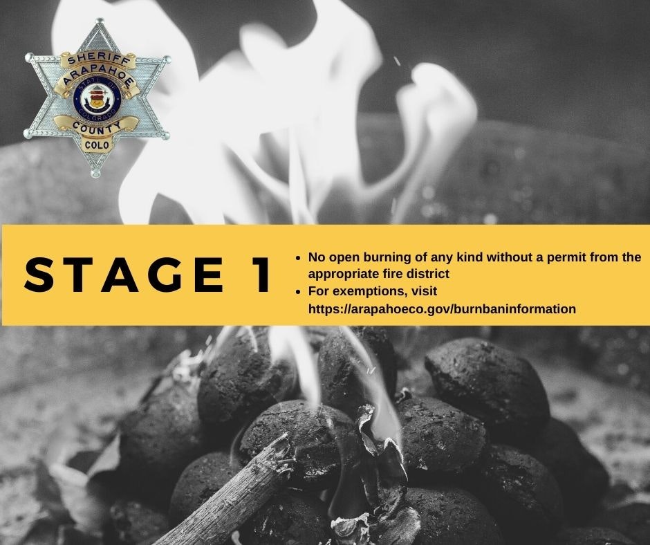 Arapahoe County Fire Ban Stage 1: No open burning without a permit. Check for exemptions at the provided website.