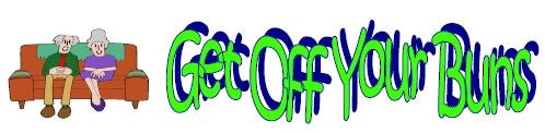 Cartoon of two people on a couch with the phrase "Get Off Your Buns" in stylized text.