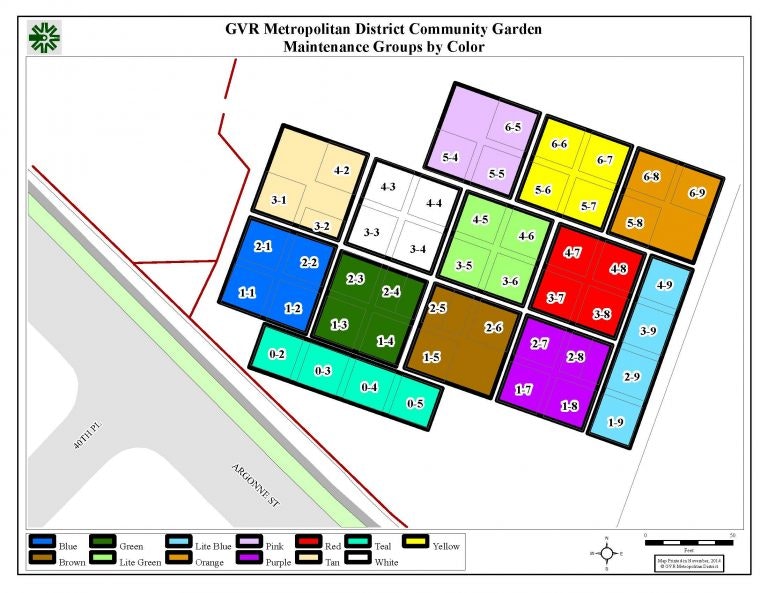A color-coded community garden plot map, with numbered sections and a key for maintenance groups by color.