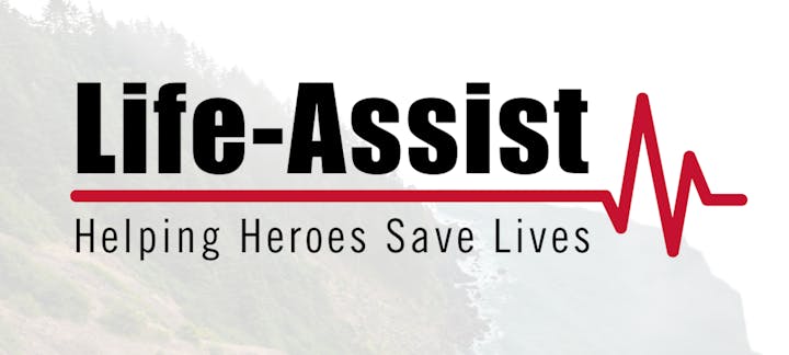 Logo with text "Life-Assist," slogan "Helping Heroes Save Lives," and a heartbeat line.