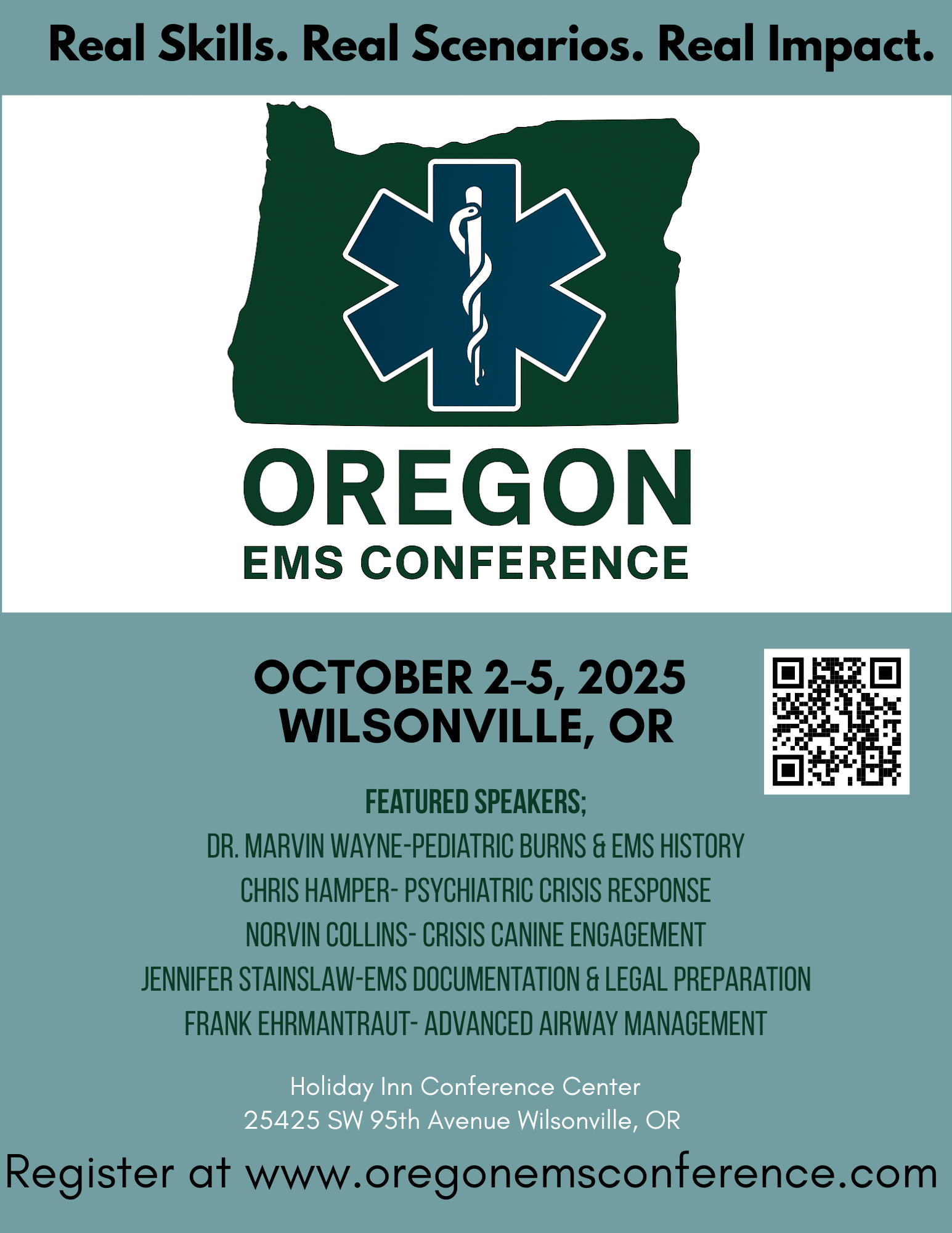 Oregon EMS Conference, October 2-5, 2025, Wilsonville, OR; features speakers on emergency medical topics. Register at oregonemsconference.com.