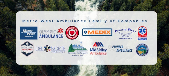 Logos of various ambulance companies under the "Metro West Ambulance Family of Companies," over a forest and waterfall background.