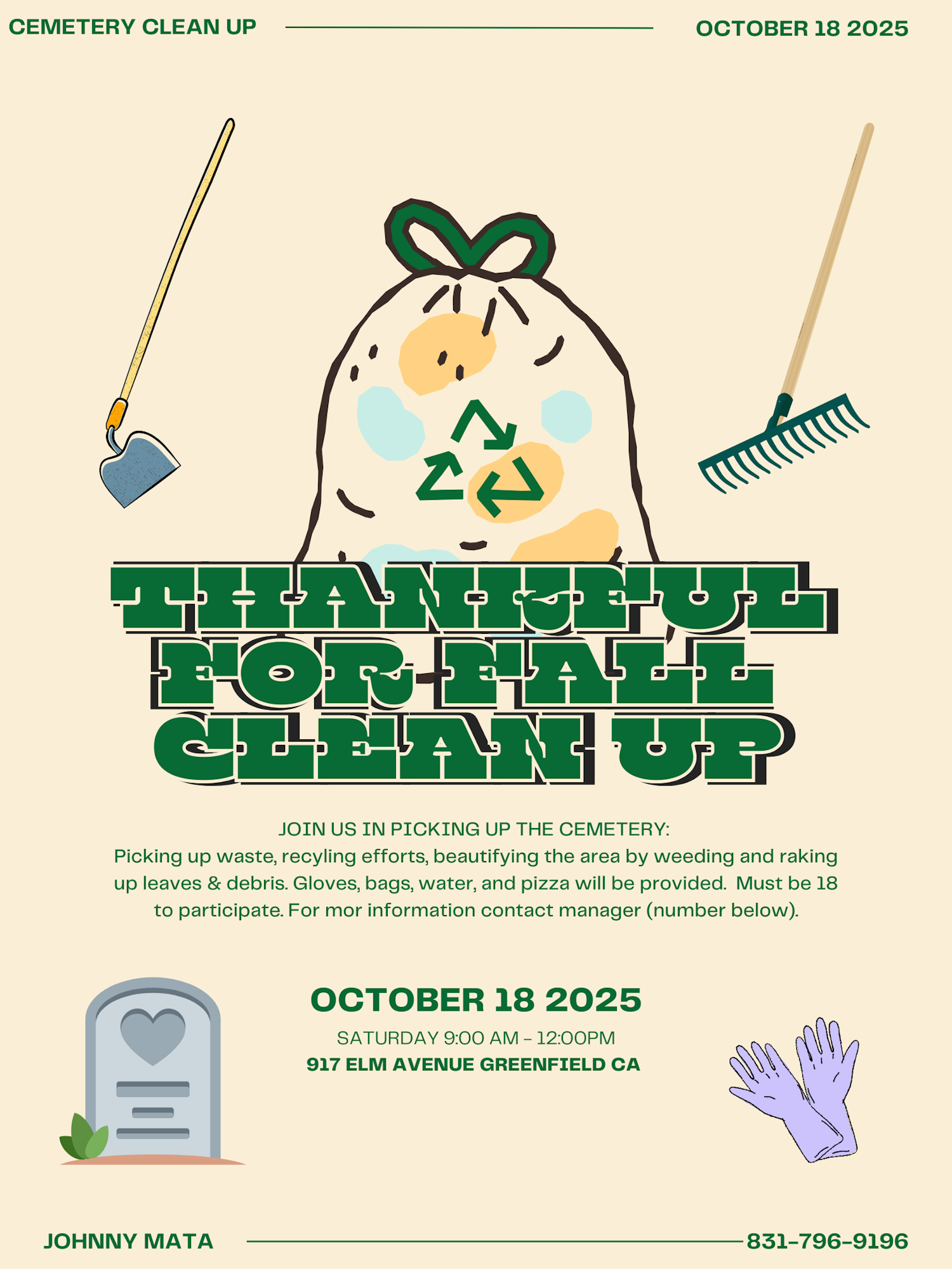Cemetery clean-up event poster for October 18, 2025, at 917 Elm Avenue, Greenfield, CA, with tools and recycle imagery.