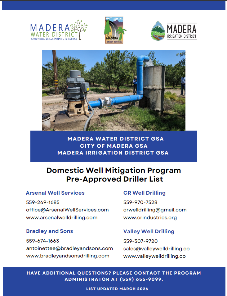The image lists pre-approved well drillers for the Madera Water District's domestic well mitigation program, with contact details.