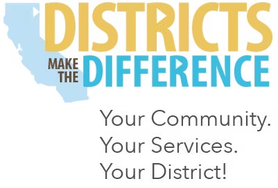 A promotional graphic that reads "Districts Make the Difference" in bold yellow and blue text. Below it is the slogan: "Your Community. Your Services. Your District!" A light blue silhouette of California appears in the background.