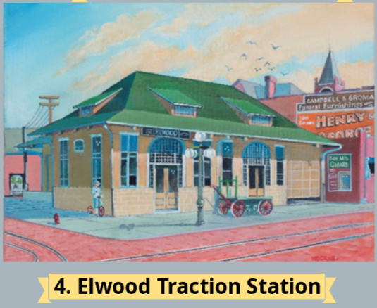The image shows a colorful illustration of Elwood Traction Station, featuring a historic building with tracks and a cart.