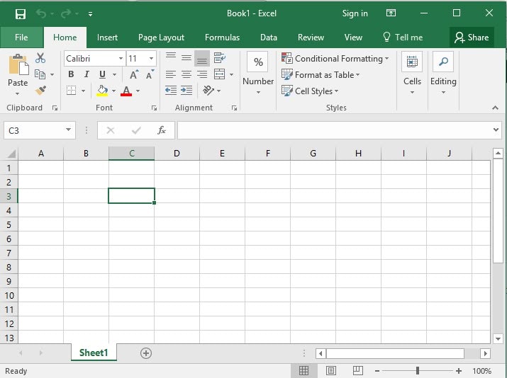 An empty Microsoft Excel spreadsheet with default toolbar and grid layout.