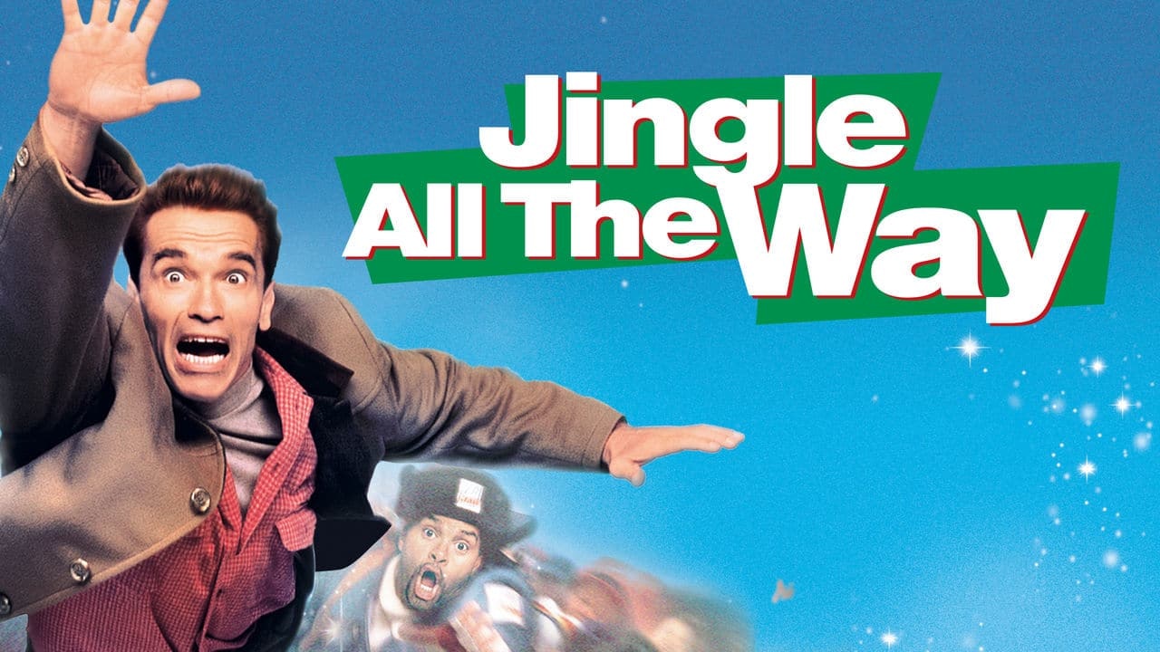 A man excitedly reaching out in front of a blue background, with the text "Jingle All The Way."