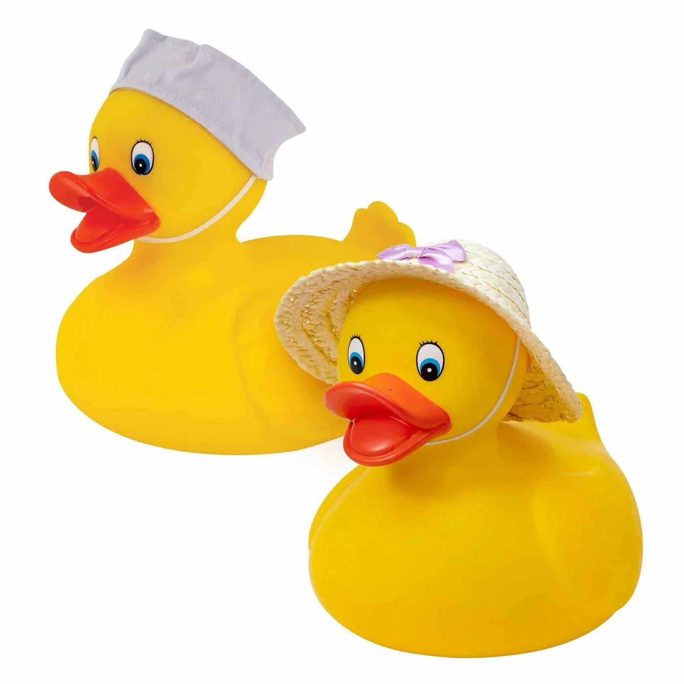 Two yellow rubber ducks wearing hats, one has a white cap and the other a straw hat with a purple ribbon.