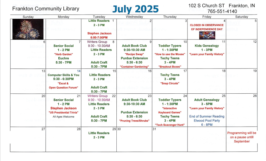 Frankton Community Library July 2025 calendar with events like Little Readers, Adult Craft, and Techy Teens.