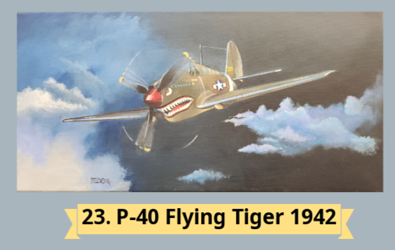 A painting of a P-40 Flying Tiger aircraft from 1942, flying through a cloudy sky.