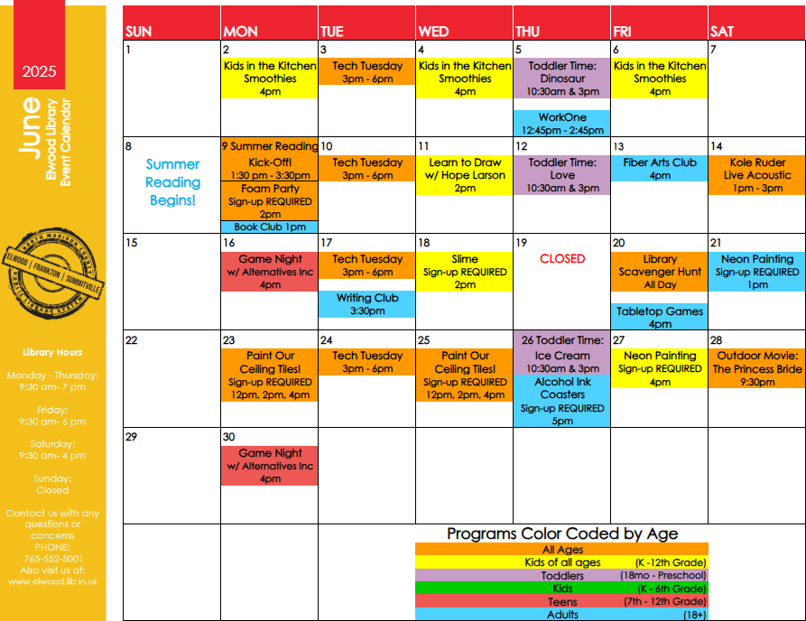 Elwood Library June 2025 event calendar with activities like Tech Tuesday, book clubs, and family events. Programs are color-coded by age.