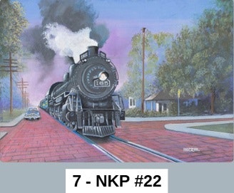 A steam locomotive on a brick road with trees, a house, and a car in the background.