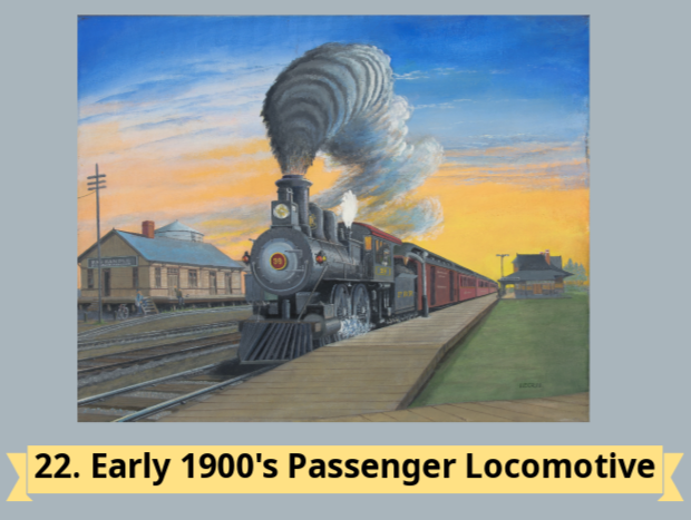 A painting of an early 1900s passenger locomotive at a train station, with smoke billowing and a sunset in the background.