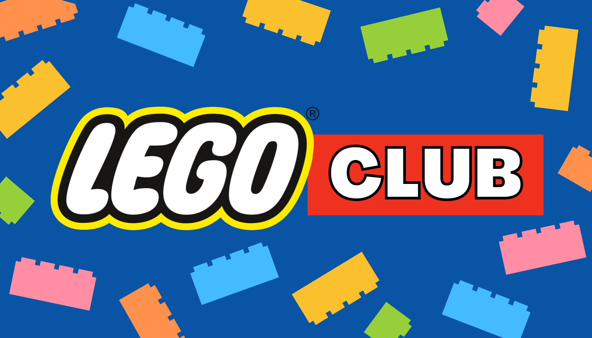 LEGO Club logo surrounded by colorful LEGO brick illustrations on a blue background.