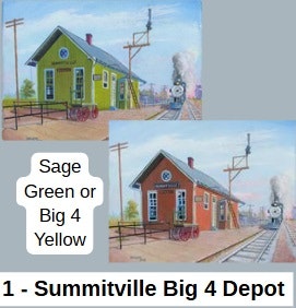 Two paintings of train depots in different colors, labeled "Summitville Big 4 Depot," with options "Sage Green or Big 4 Yellow."