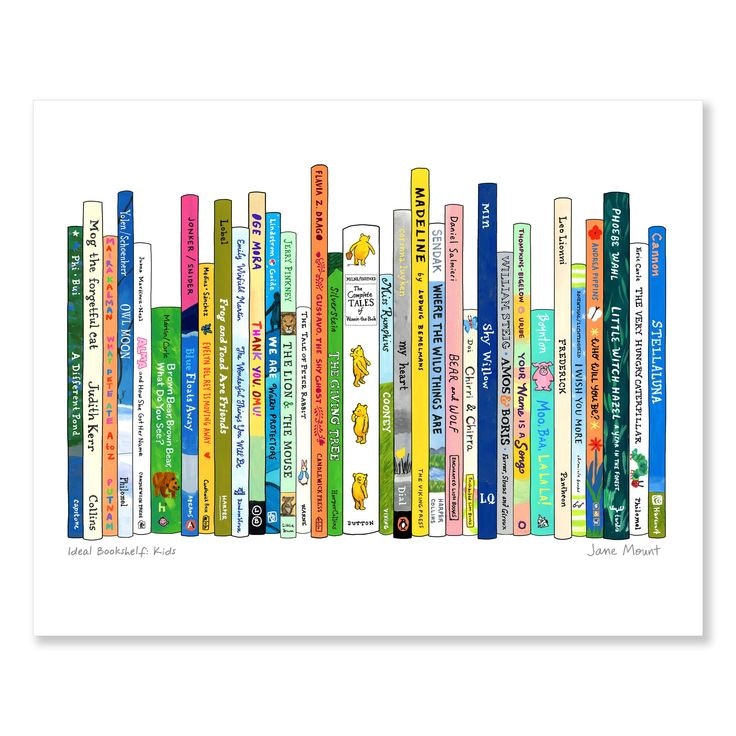 Illustration of children's book spines lined up on a shelf.