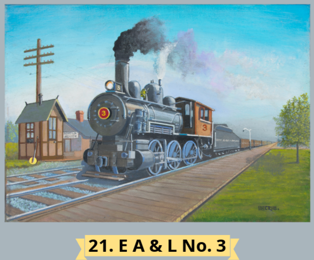 A painted steam locomotive labeled "E A & L No. 3" on a track beside a station, with smoke billowing against a blue sky.