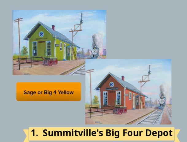 Two paintings of Summittville's Big Four Depot, one in sage green and the other in Big 4 yellow, showcasing a train station.