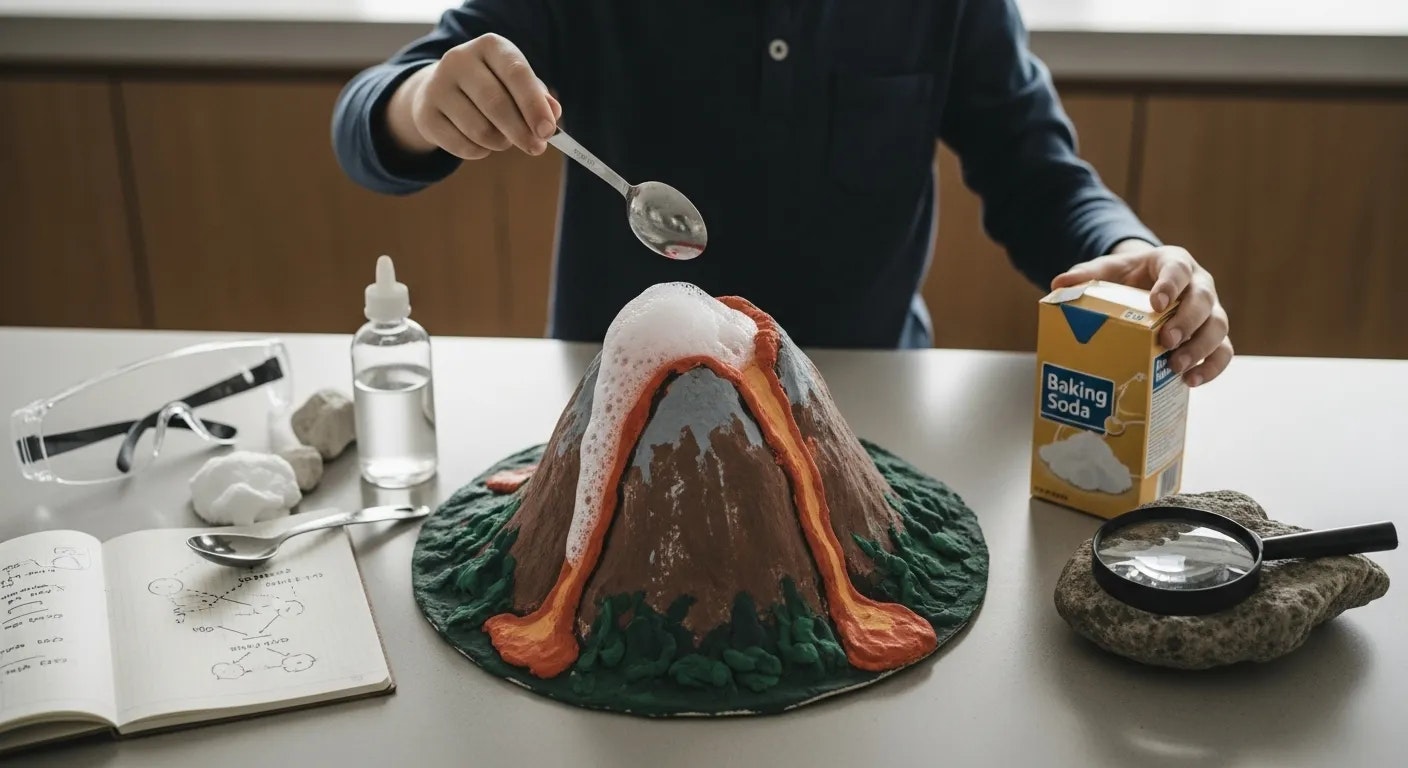 A child demonstrates a science project with a baking soda volcano, using water and ingredients for an erupting effect.