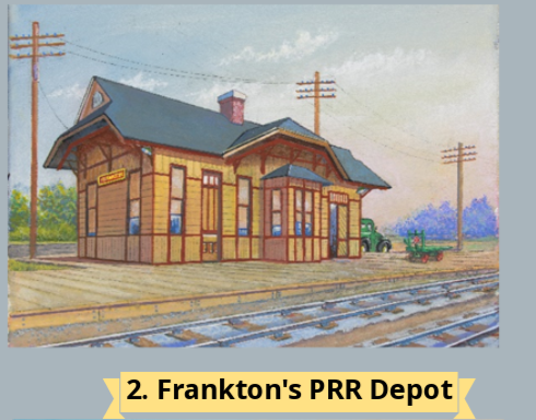 An illustration of Frankton's Pennsylvania Railroad Depot, featuring a wooden structure near train tracks and utility poles.