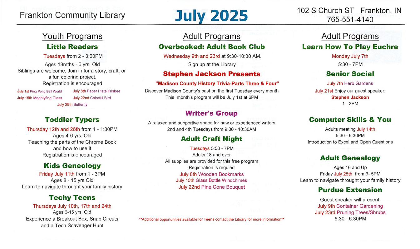 Frankton Library July 2025: Youth/Adult programs, book club, genealogy, tech, crafting, euchre, social events. Register at 102 S Church St.