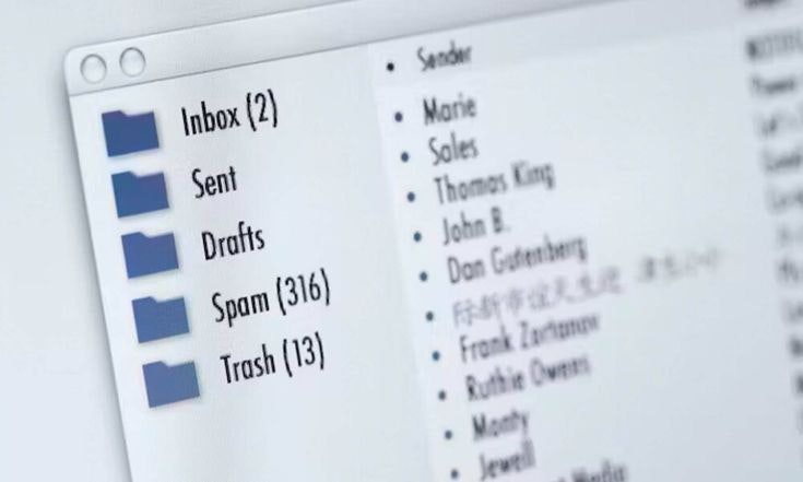 Email folders with message counts: Inbox (2), Sent, Drafts, Spam (316), Trash (13). List of senders displayed.