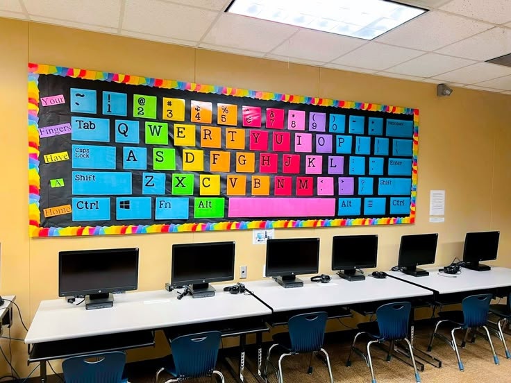 A colorful wall display of a large keyboard above a row of computers in a classroom.