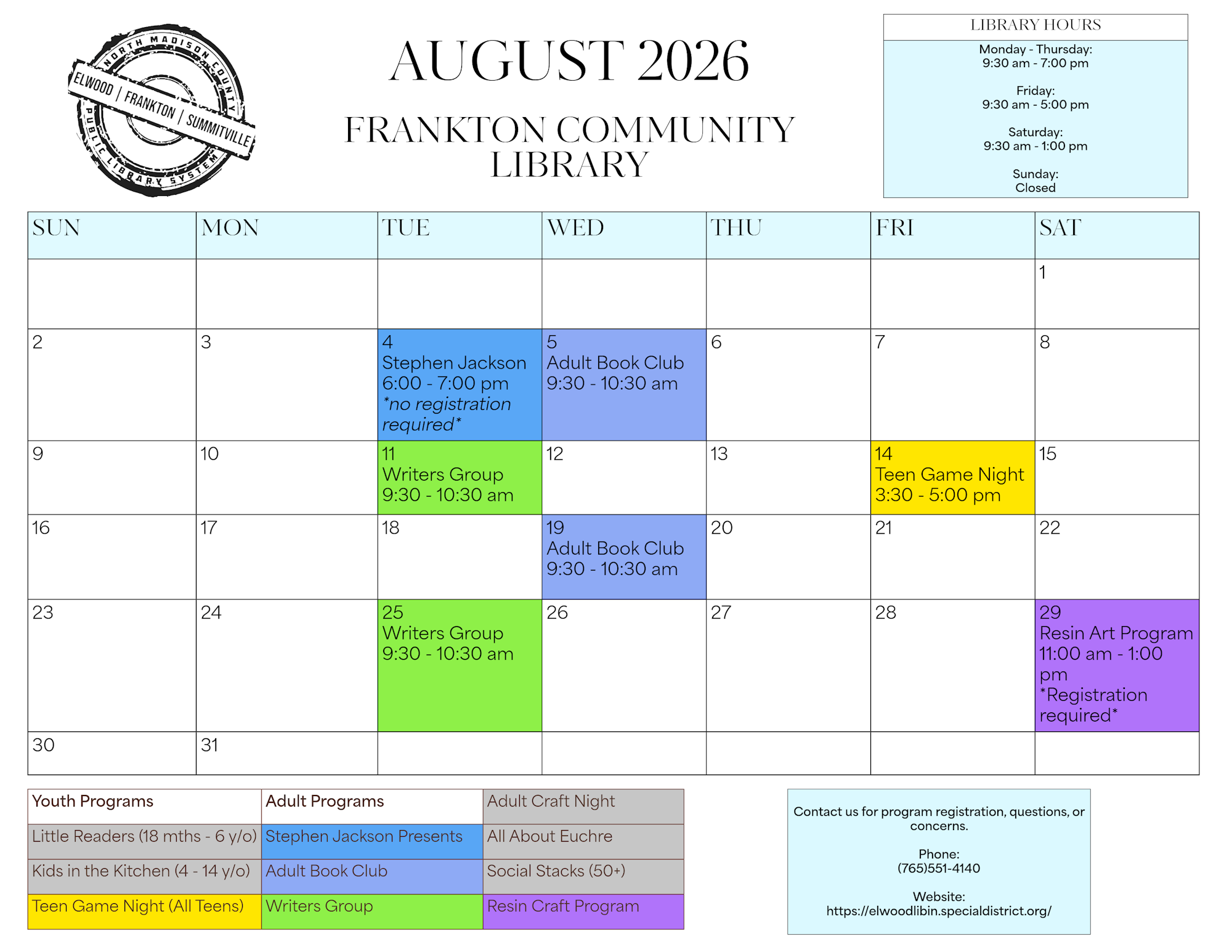 Calendar for Frankton Community Library in August 2026, featuring various programs, events, and library hours.