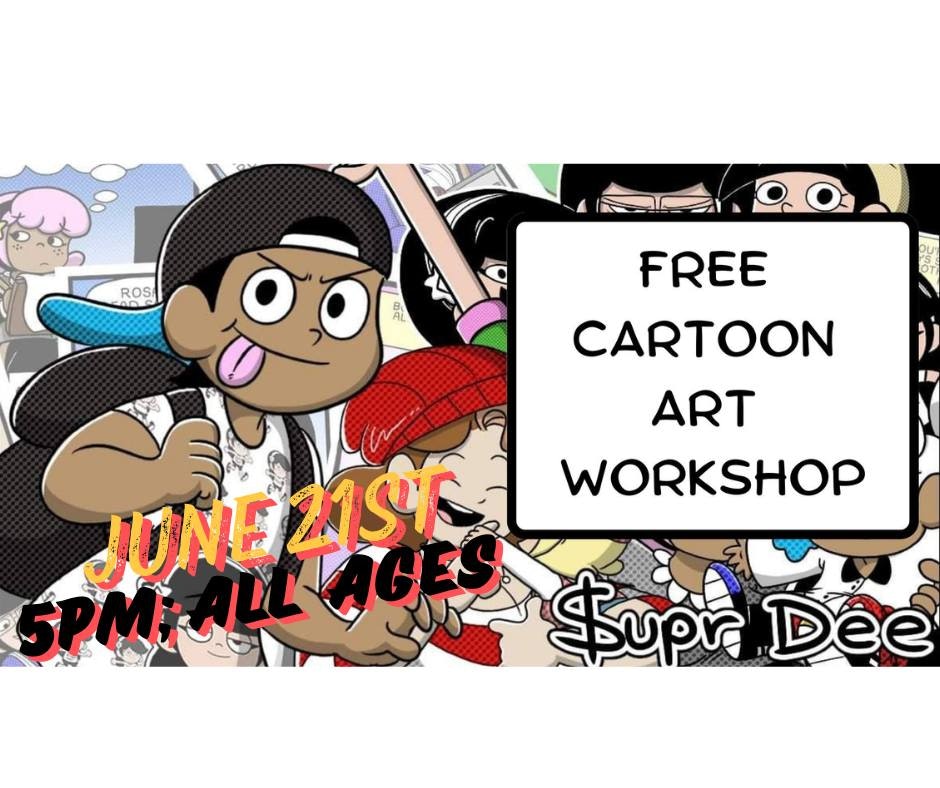 Cartoon characters promoting a free art workshop on June 21st at 5 PM for all ages.