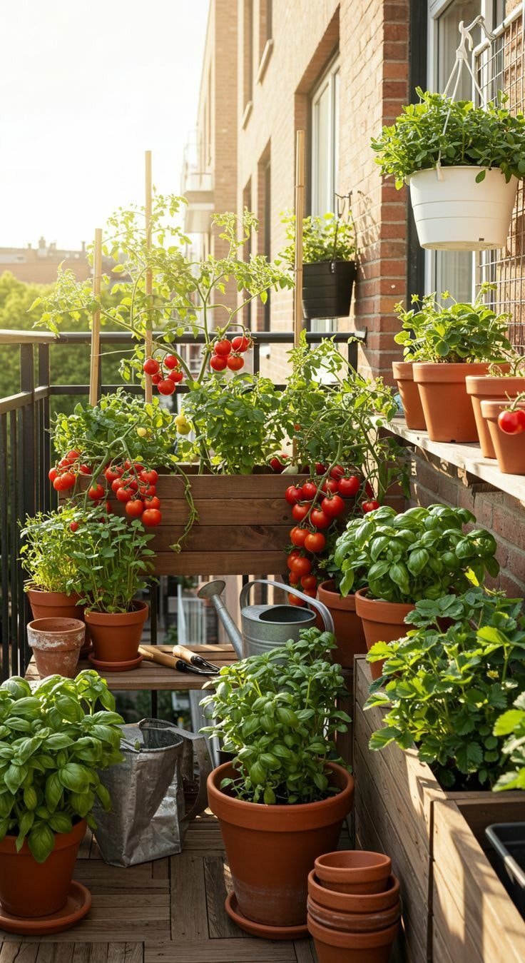 A balcony garden with pots of lush green herbs and ripe red tomatoes.