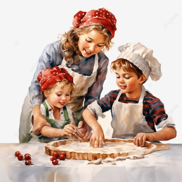 A woman and two children wearing aprons and hats are joyfully baking together.