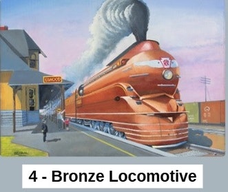A bronze locomotive at a train station with smoke billowing, labeled "4 - Bronze Locomotive."