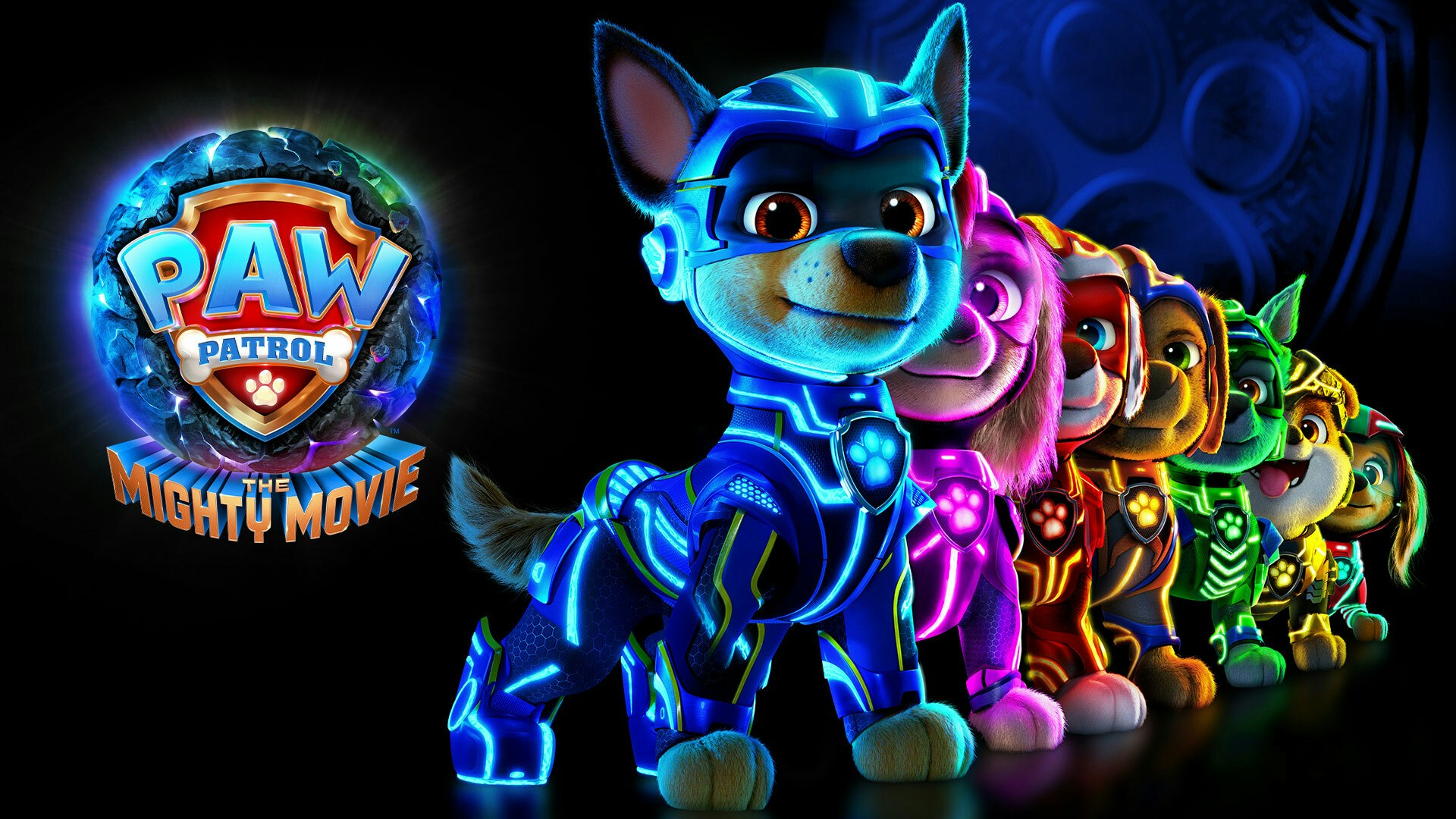 Promotional image for "PAW Patrol: The Mighty Movie" featuring animated superhero dogs.