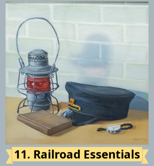 The image features a railroad lantern, a conductor's hat, a notebook, and a pocket watch, labeled "Railroad Essentials."