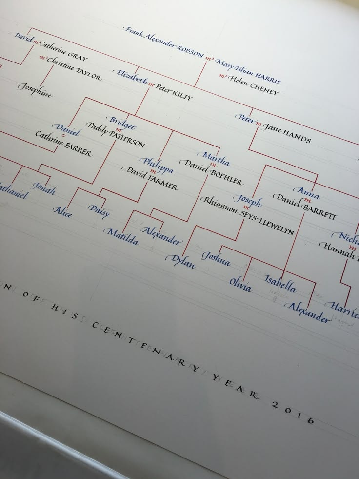 A family tree diagram listing names connected by lines, with colorful text and structured family relationships shown.