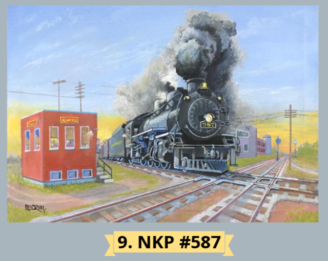 A painted scene featuring a steam locomotive, NKP #587, passing by a station called Elwood, with smoke billowing from the engine.