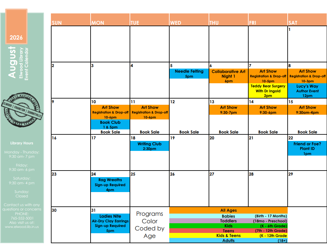 This is the August 2026 event calendar for Elwood Library, featuring various programs, art shows, book sales, and clubs.