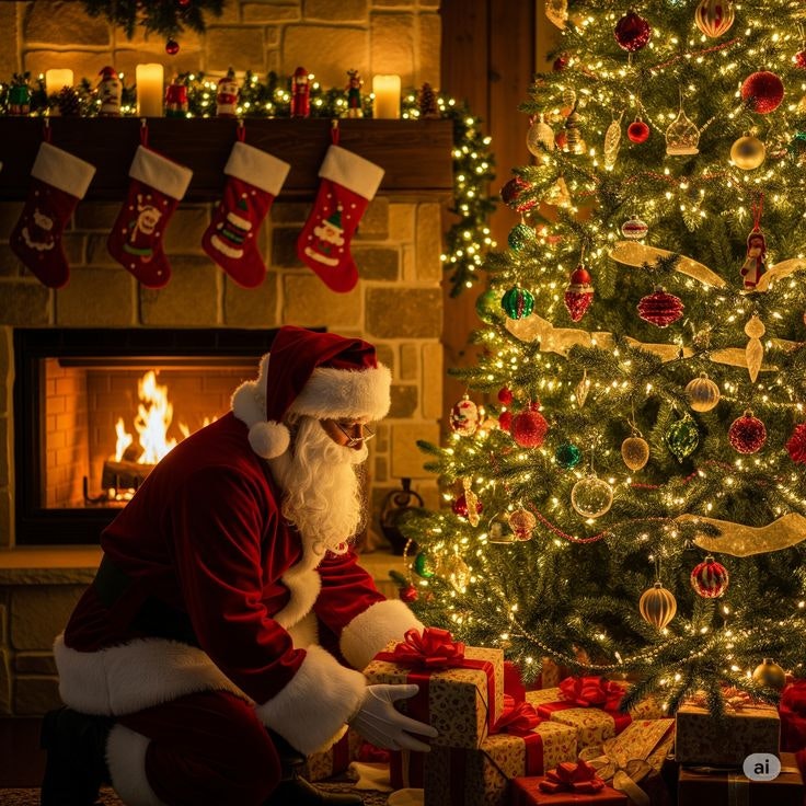 Santa Claus is placing presents by a beautifully lit Christmas tree, with stockings hanging above a cozy fireplace.